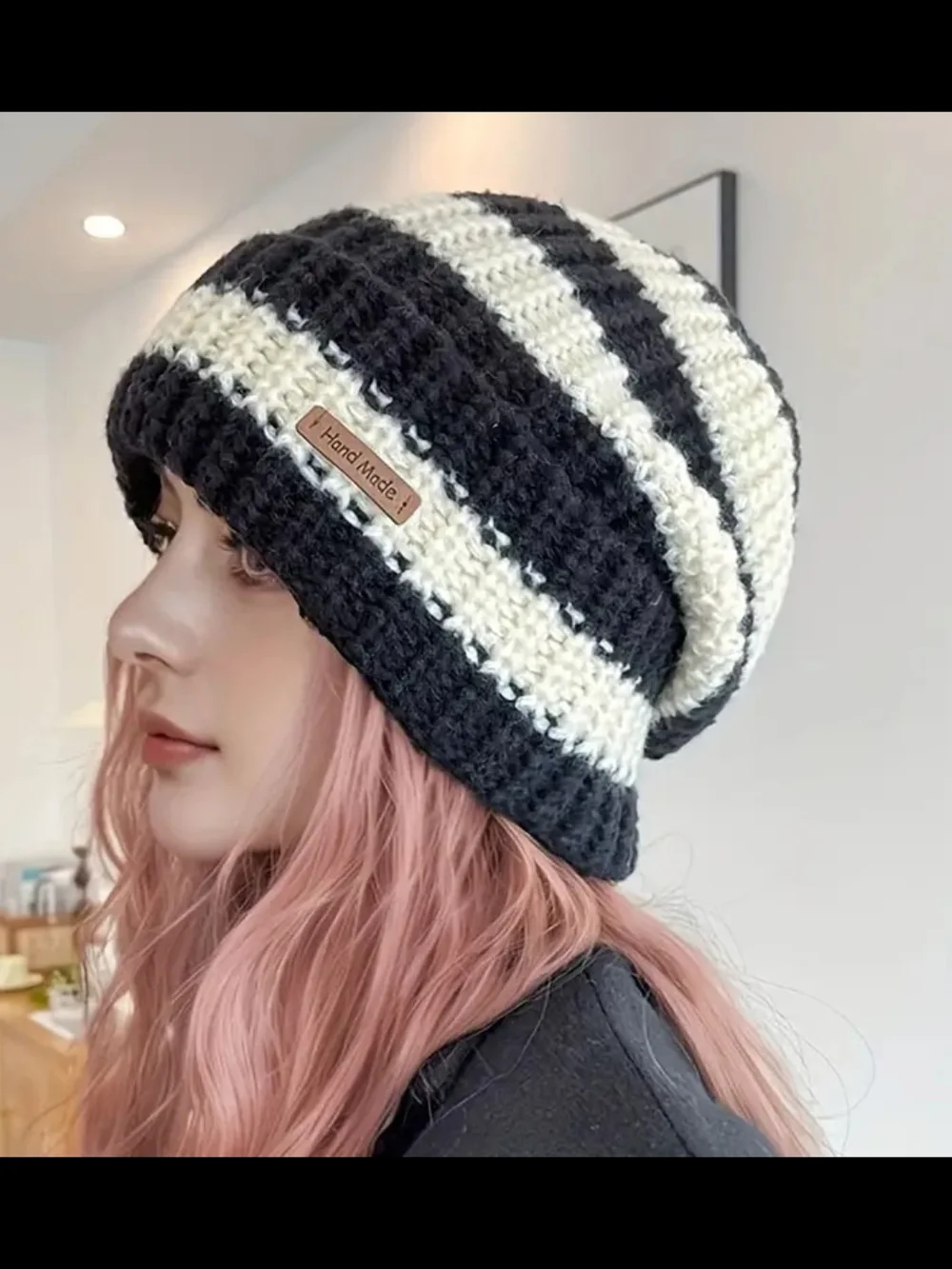Black & Cream Striped Knit Beanie - Women